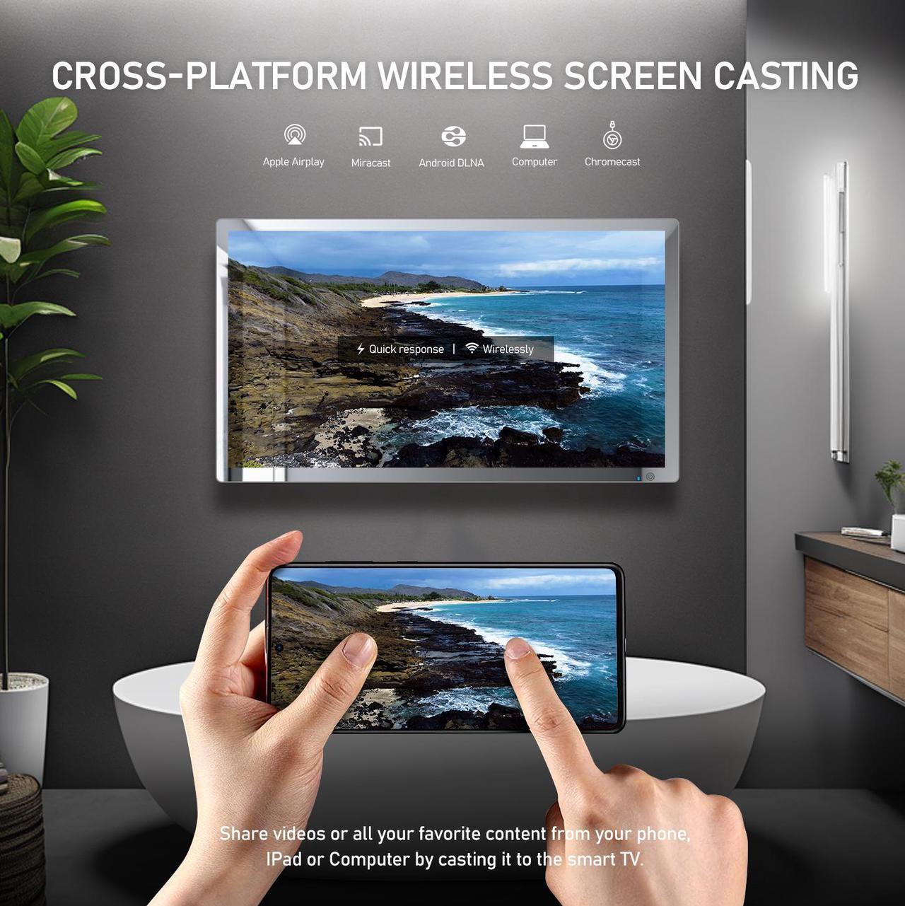 Alt view image 4 of 7 - Leotachi 4K Ultra HD 32-inch High-end Bathroom Mirror TV IP66 Waterproof Android TV Supports Voice Remote Control Google Assistant, Built-in ATSC Tuner, HDMI (ARC), SPDIF (Black)