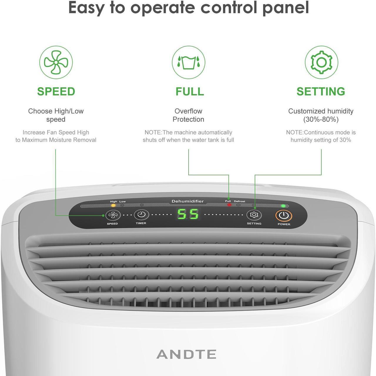 Alt view image 4 of 7 - ANDTE 31 Pints Dehumidifiers for Large Rooms and Basements, Spaces up to 2500 Sq.ft, Auto/Manual Drainage, 0.528 Gallon Water Tank, Drain Hose, Auto Defrost, Dry Clothes Function, 24H Timer