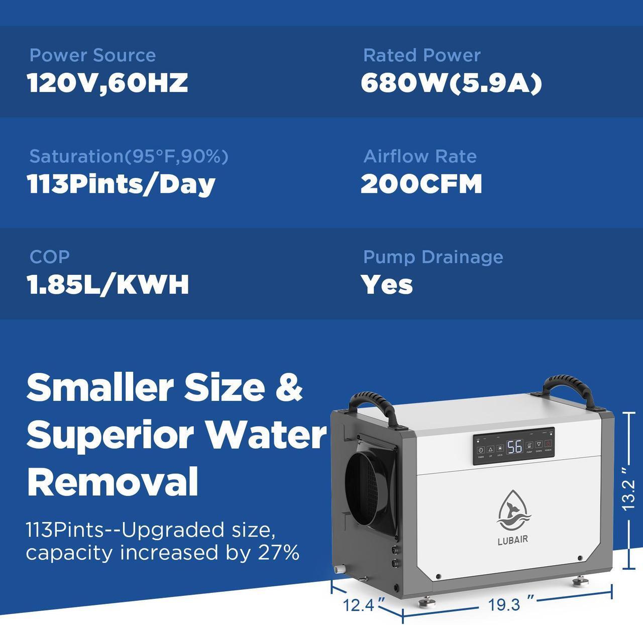 Alt view image 6 of 7 - LUBAIR 113 Pints Crawl Space Dehumidifiers for Basement, Commercial Dehumidifier with Internal Automatic Drain Pump
