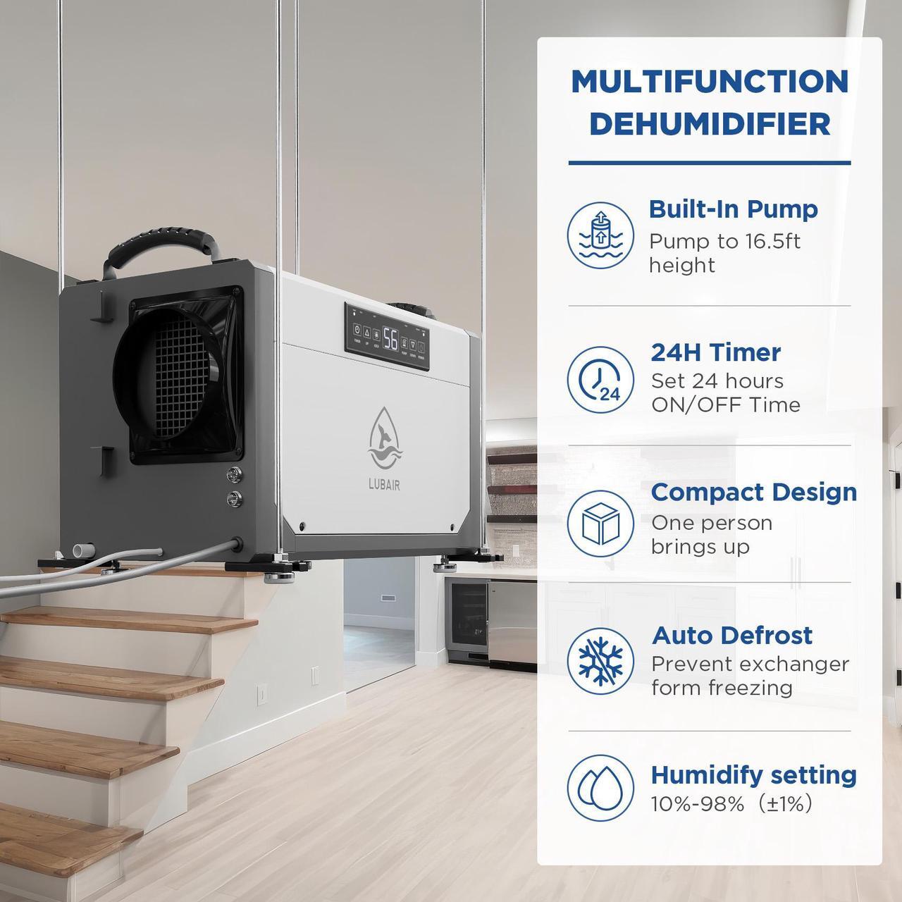 Alt view image 3 of 7 - LUBAIR 113 Pints Crawl Space Dehumidifiers for Basement, Commercial Dehumidifier with Internal Automatic Drain Pump