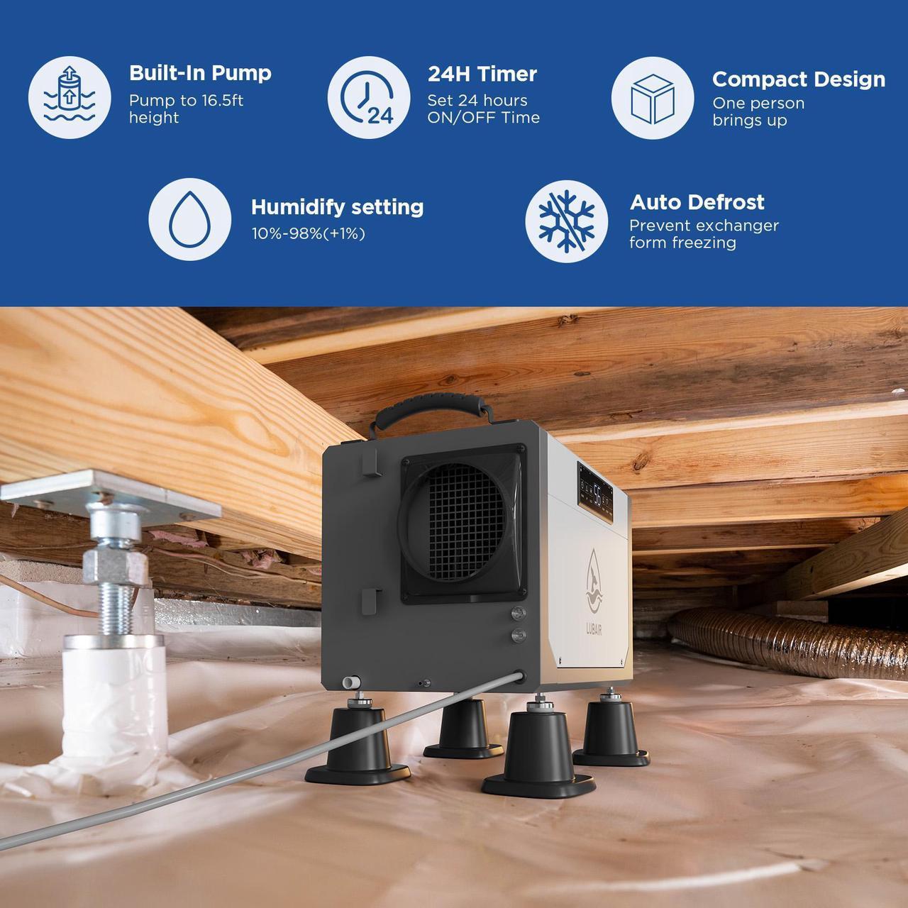 Alt view image 4 of 7 - LUBAIR 113 Pints Crawl Space Dehumidifiers for Basement, Commercial Dehumidifier with Internal Automatic Drain Pump