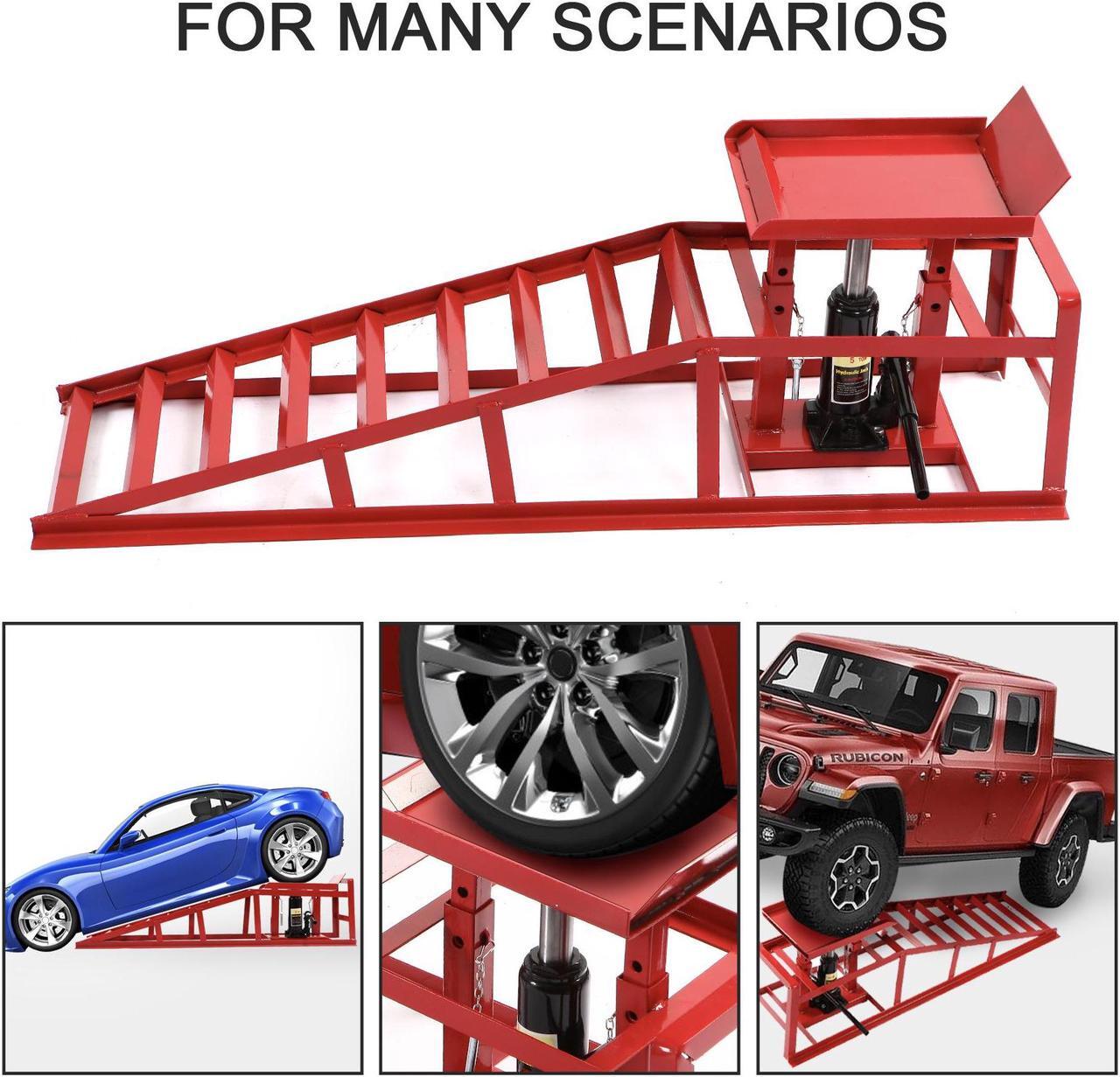 Alt view image 3 of 7 - Car Ramps 2 Pack Hydraulic High Lift Service Vehicle Ramps 5T 11023 lbs Heavy Duty Steel Automotive Truck Wheel Ramps for Oil Changes with Support Jack for DIY Repair Stores Auto Beauty Stores
