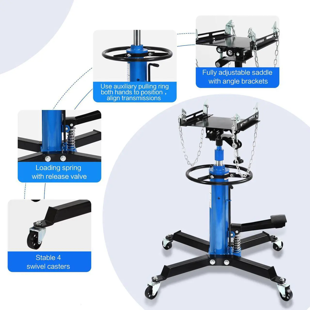Alt view image 6 of 7 - Transmission Jack Heavy Duty Professional Hydraulic Transmission Jack High Lift 2 Stage Adjustable Telescoping 1/2 Ton Capacity Tack Adapter for Floor Jack Car Lift with Foot Pedal (Blue)