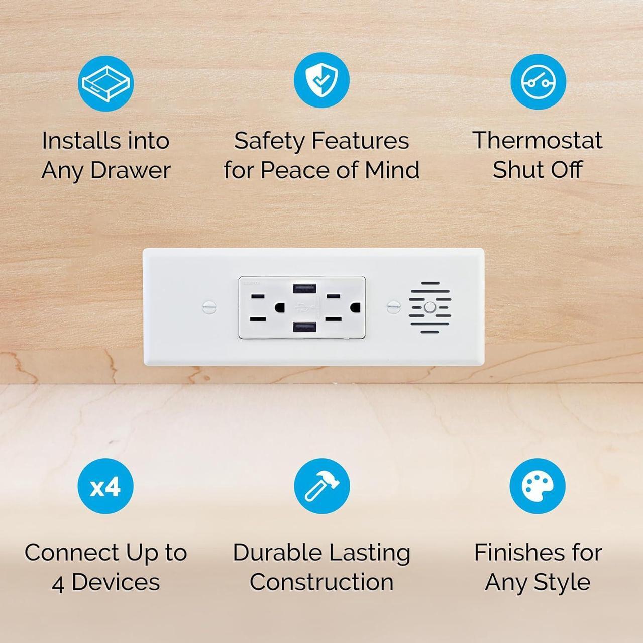 Alt view image 2 of 7 - Blade in-Drawer Outlet, Integrated Safety Shutoff, (2) USB-A & (2) 15 amp AC, White