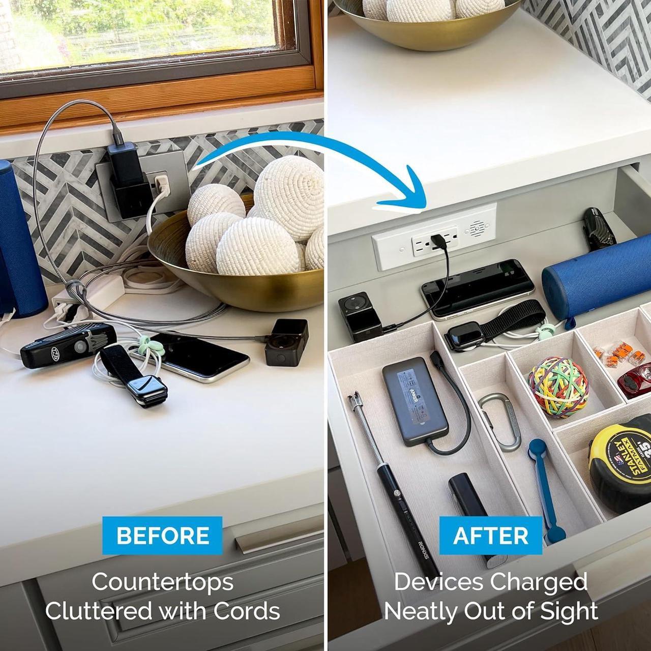 Alt view image 3 of 7 - Blade in-Drawer Outlet, Integrated Safety Shutoff, (2) USB-A & (2) 15 amp AC, White