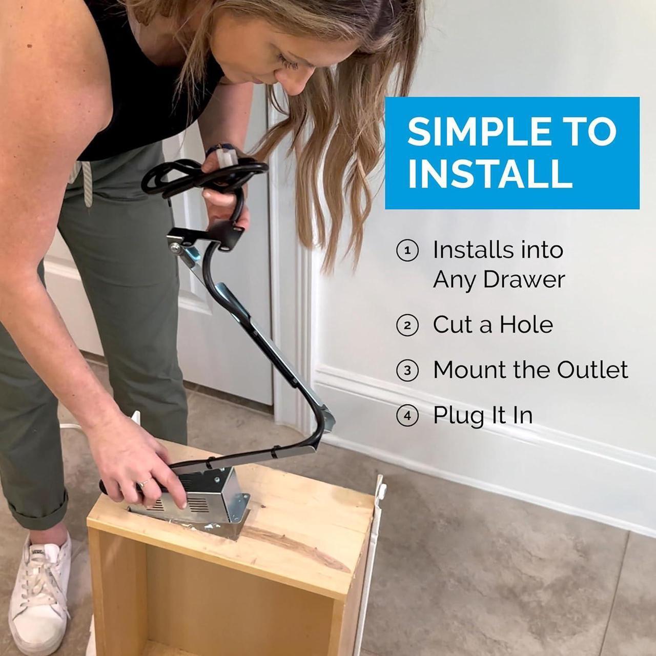 Alt view image 4 of 7 - Blade in-Drawer Outlet, Integrated Safety Shutoff, (2) USB-A & (2) 15 amp AC, White