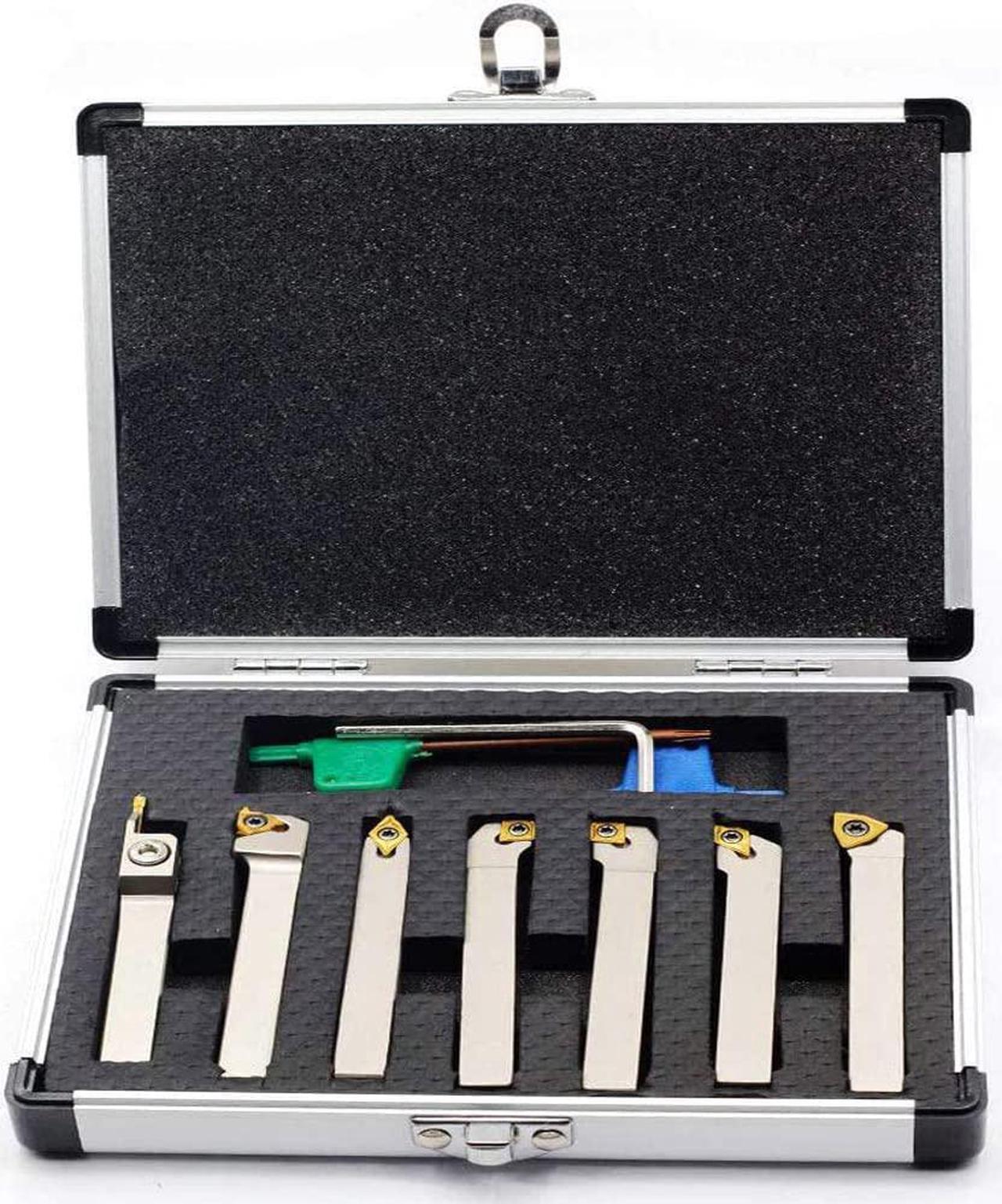 Main image of 7 pcs/Set 3/8"Shank Heavy-Duty Indexable Lathe Turning Tool Holder,CNC Nickel Plated Metal Lathe Cutting Tools for Turning Grooving Threading with Tin Coated Carbide Inserts