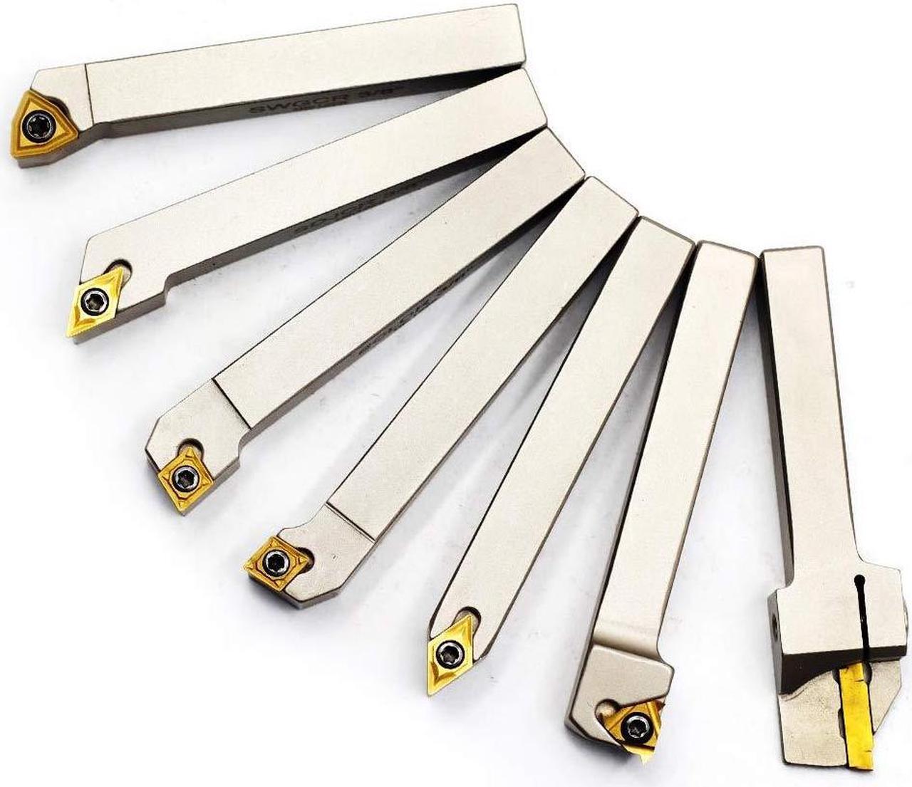 Alt view image 4 of 7 - 7 pcs/Set 3/8"Shank Heavy-Duty Indexable Lathe Turning Tool Holder,CNC Nickel Plated Metal Lathe Cutting Tools for Turning Grooving Threading with Tin Coated Carbide Inserts