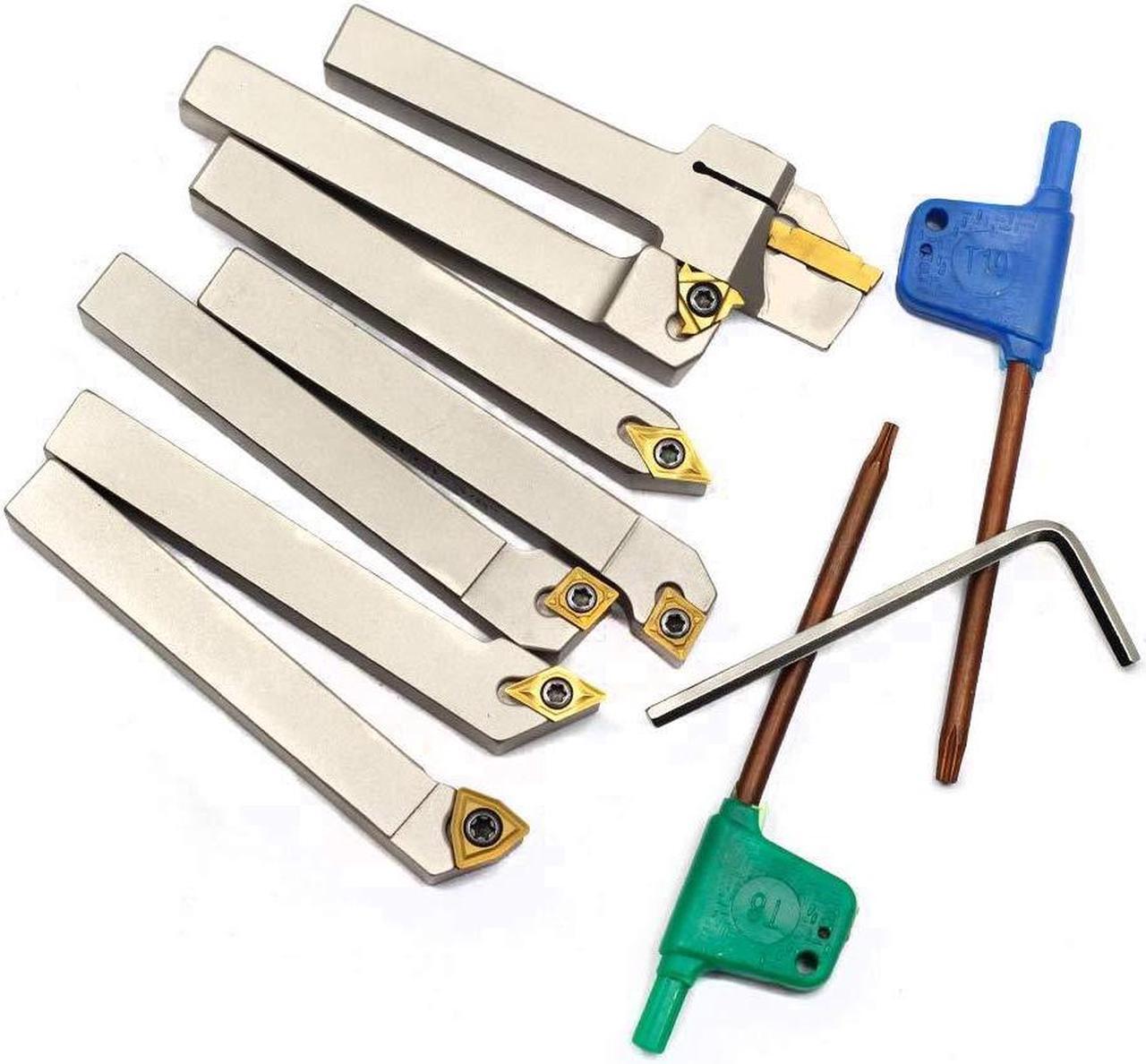 Alt view image 5 of 7 - 7 pcs/Set 3/8"Shank Heavy-Duty Indexable Lathe Turning Tool Holder,CNC Nickel Plated Metal Lathe Cutting Tools for Turning Grooving Threading with Tin Coated Carbide Inserts