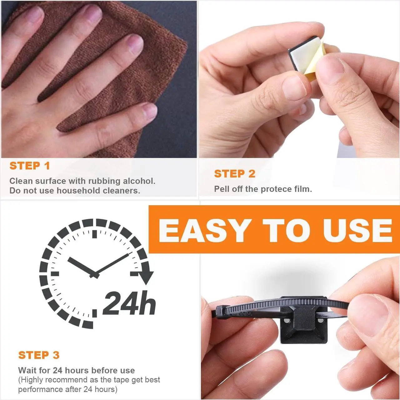 Alt view image 6 of 7 - 500 Pack 3/4" Zip Tie Adhesive Mounts Self Adhesive Cable Tie Base Holders with Multi-Purpose Tie wire clips with screw hole,Anchor stick on wire holder, Including 100 Pack ClipsBlack