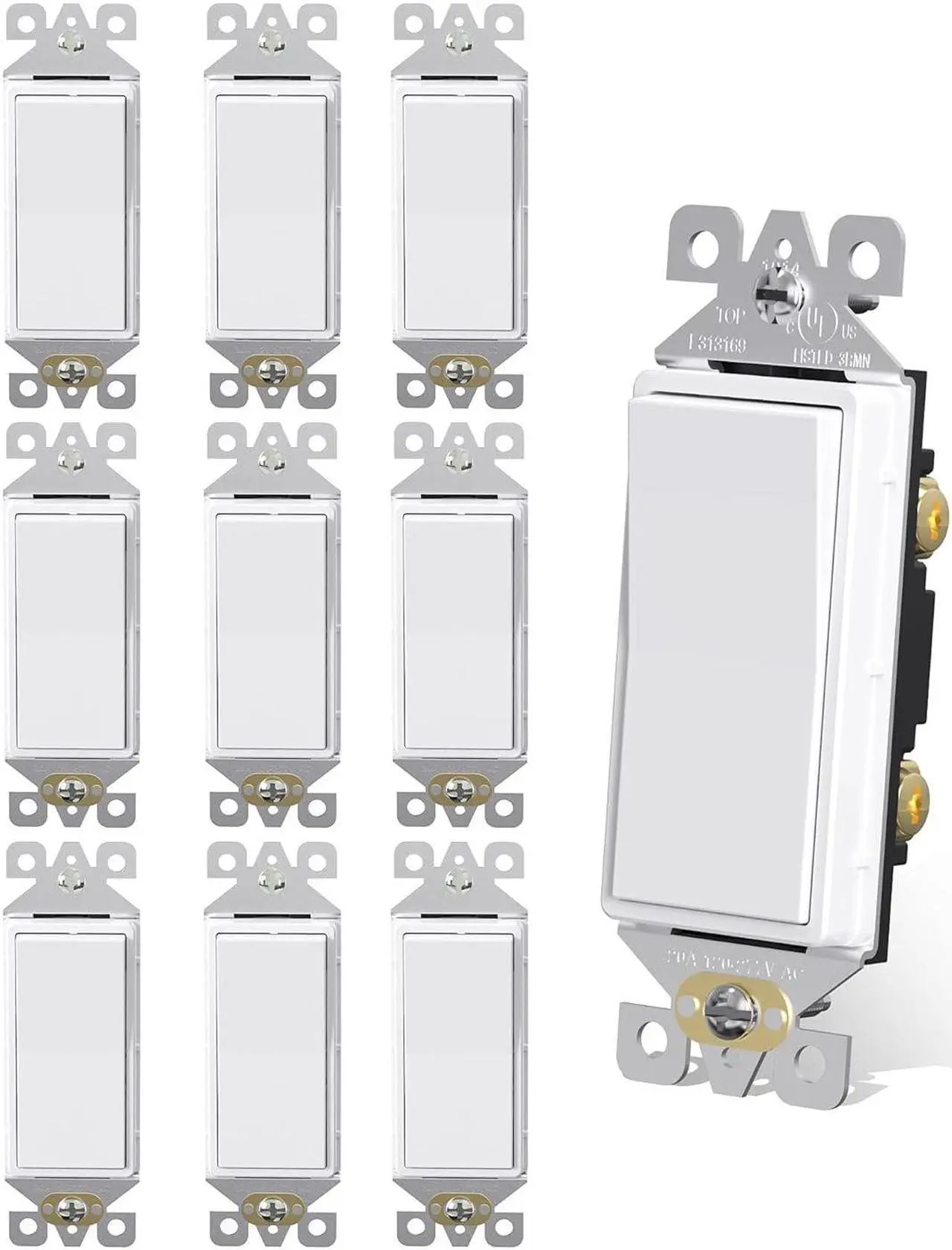 Main image of Single Pole Rocker Decora Light Switch, 15 Amp Self-grounding Electrical Light Switches, Residential Grade, UL Listed (50 Pack, White)