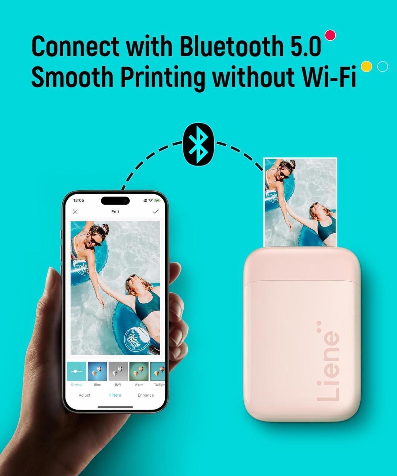 Alt view image 2 of 7 - Photo Printer, 2x3 Mini Instant Portable Color Mono Picture Printer w/ 50 Zink Adhesive Paper, Bluetooth 5.0, Compatible w/iOS & Android, Small Photo Printer for iPhone, Smartphones, Pink