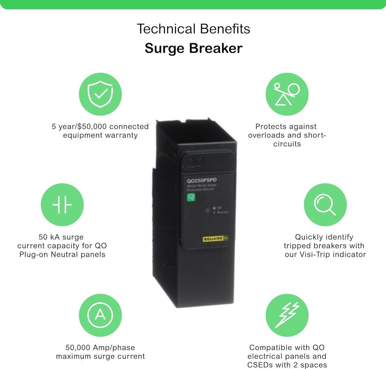 Alt view image 2 of 6 - Square D - QO250PSPD QO Whole House Surge Protection Device, 50kA, 120/240V, 1-Phase, No Wiring, Plug-On Neutral