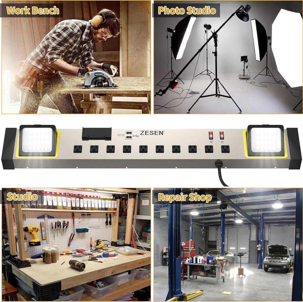 Alt view image 7 of 7 - 10-Outlet Power Strip with LED Worklight Surge Protector 4ft Cord with Dual Smart USB, Workshop/Garage/Office/Home, ETL Listed