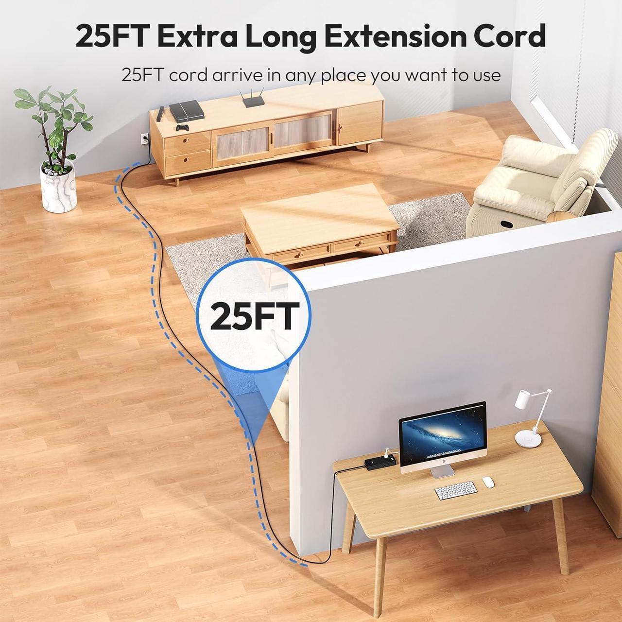 Alt view image 2 of 7 - 25 FT + 15 FT Surge Protector Power Strip, NTONPOWER 4000J Long Cord Extension Cord with 12 Outlets & 4 USB Ports (2USB C), 3 Side Multiple Outlet Extender, Wall Mounted for Home Office