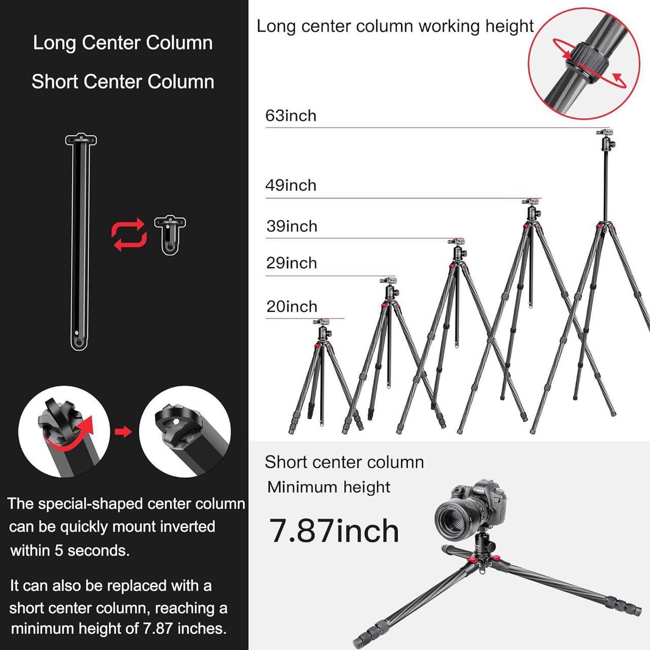 Alt view image 4 of 5 - Carbon Fiber DSLR Camera Tripod Monopod Kit,Compact and Lightweight,360-degree Panoramic Ball Head Quick Release Plate,5 Seconds Quickly Invert The Center Column,for Travel Work(YS-254C)