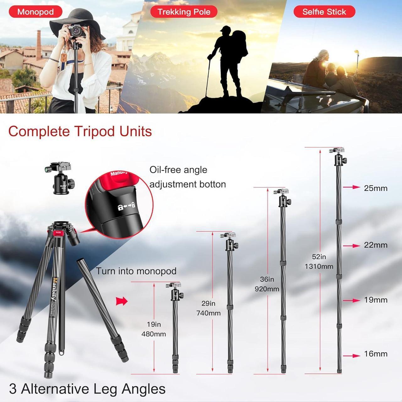 Alt view image 5 of 5 - Carbon Fiber DSLR Camera Tripod Monopod Kit,Compact and Lightweight,360-degree Panoramic Ball Head Quick Release Plate,5 Seconds Quickly Invert The Center Column,for Travel Work(YS-254C)