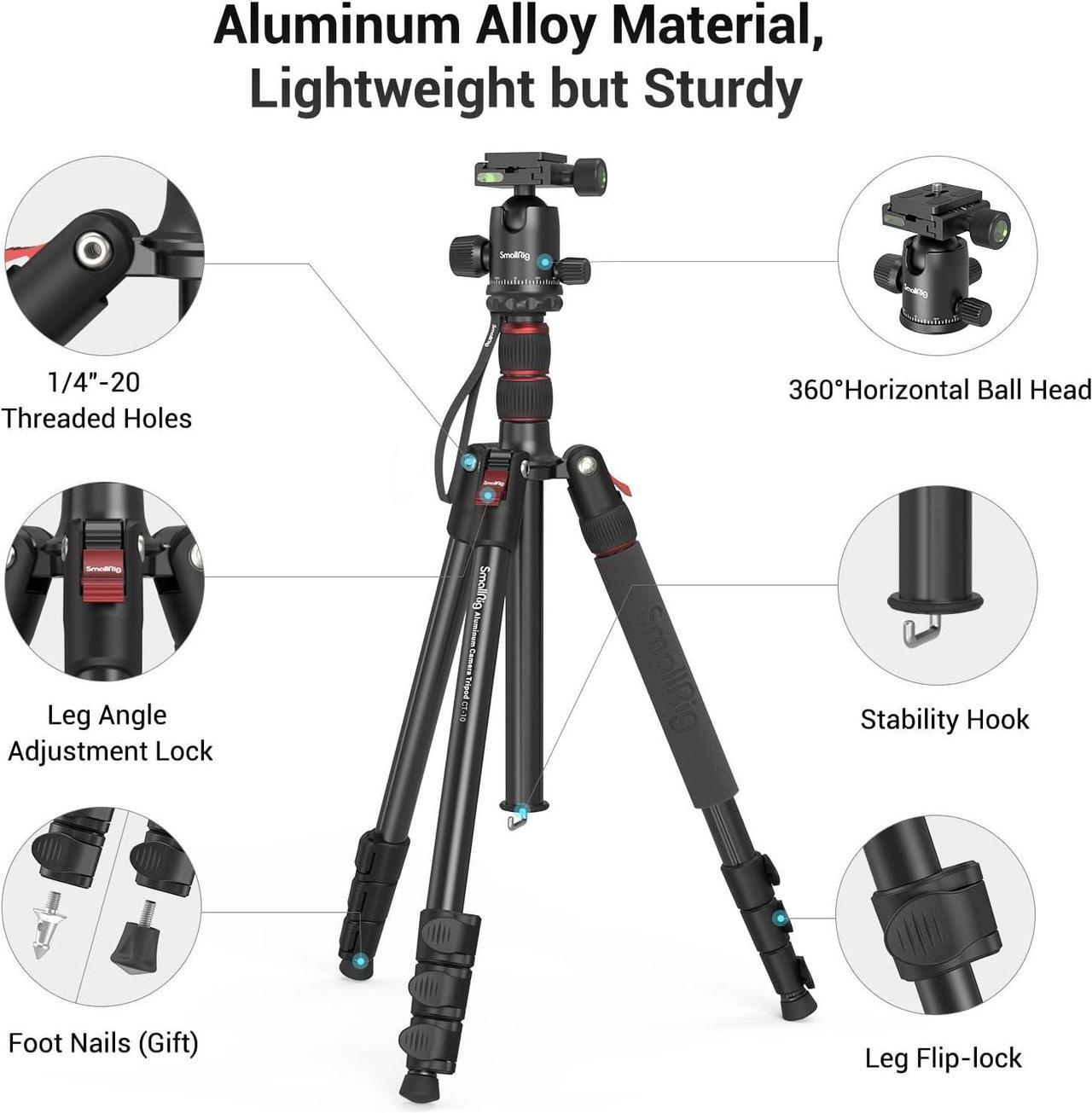 Alt view image 4 of 7 - CT-10 Camera Tripod, 71" Foldable Aluminum Tripod & Monopod, 360°Ball Head Detachable, Payload 33lb, Adjustable Height from 16" to 71" for Camera, Phone-3935