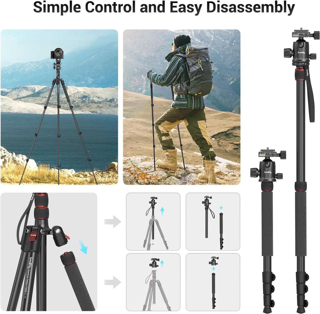 Alt view image 6 of 7 - CT-10 Camera Tripod, 71" Foldable Aluminum Tripod & Monopod, 360°Ball Head Detachable, Payload 33lb, Adjustable Height from 16" to 71" for Camera, Phone-3935