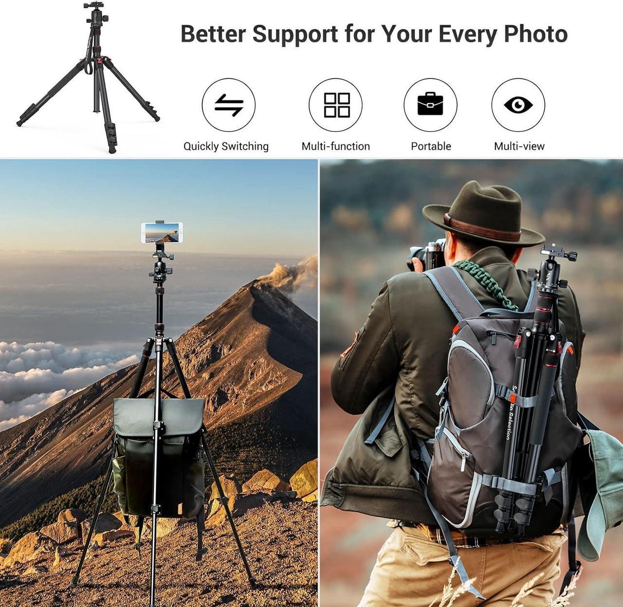 Alt view image 7 of 7 - CT-10 Camera Tripod, 71" Foldable Aluminum Tripod & Monopod, 360°Ball Head Detachable, Payload 33lb, Adjustable Height from 16" to 71" for Camera, Phone-3935