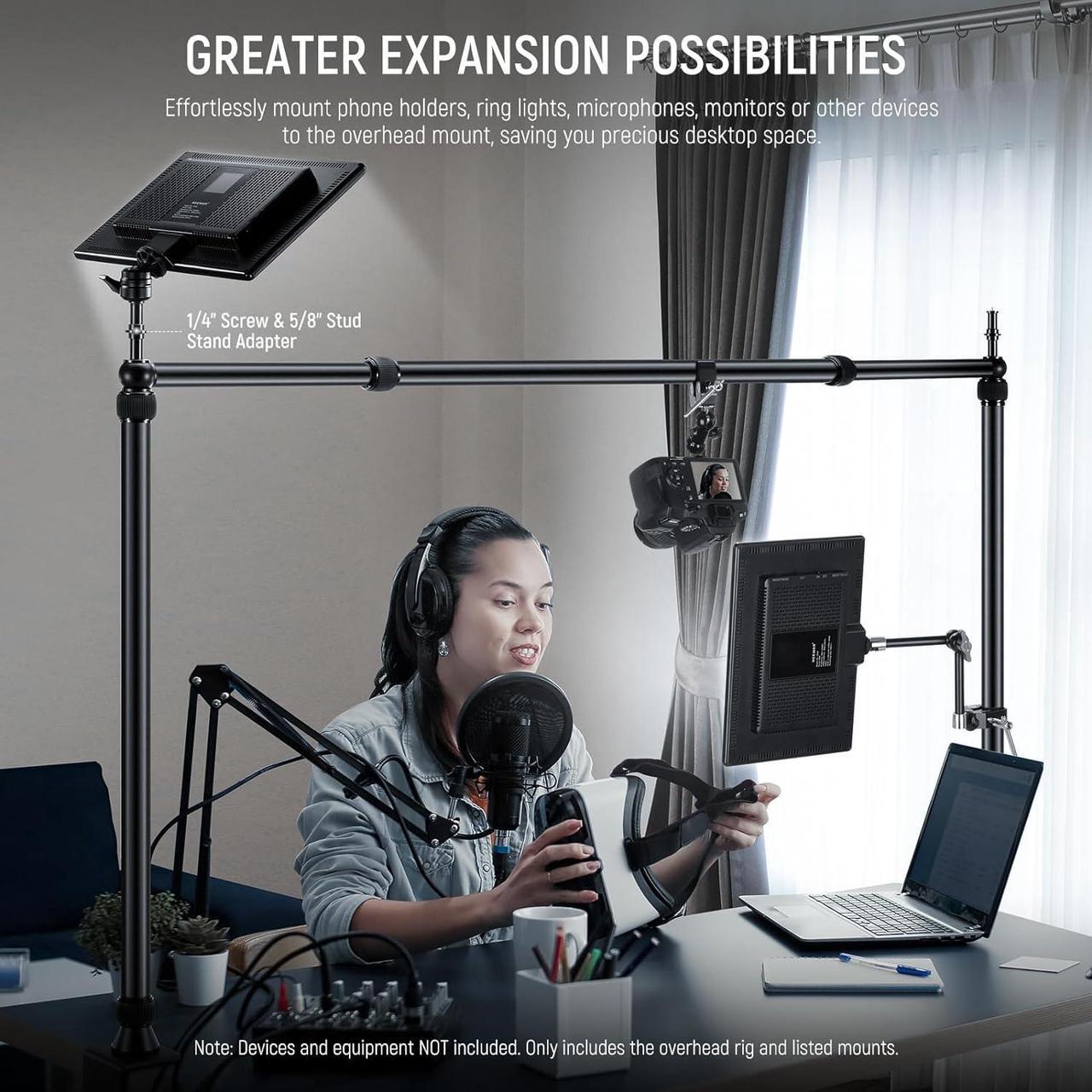 Alt view image 2 of 7 - Overhead Camera Mount Rig with 2 Ball Heads, Super Clamp/Mobile Phone Holder/Camera Desk Mount, Multi Device Mount, Platform Overhead Tripod, Adjustable Height Width, Max Load 12 kg, NK002