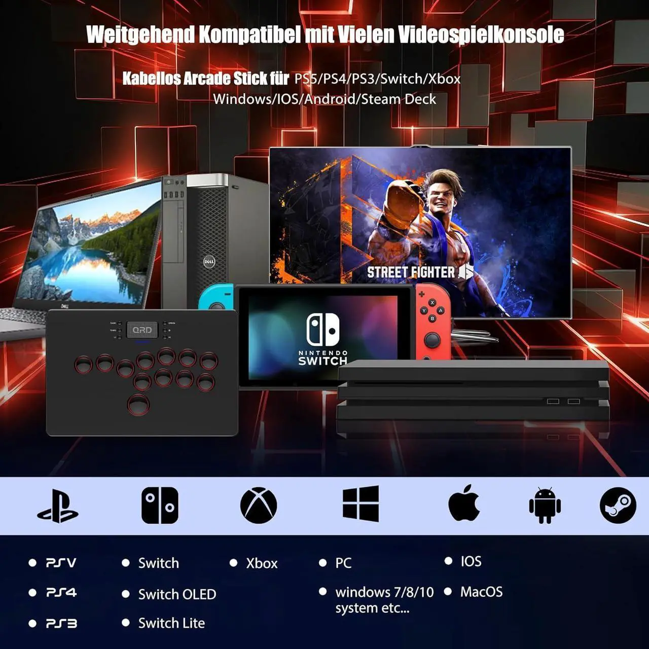 Alt view image 3 of 7 - S3 Wireless Arcade Stick for Nintendo Switch PS4 PS3 PS2 Xbox 360 PC Mac iOS Android TV Box, Leverless Fighting Stick with Touchpad, Cellphone Holder, 3.5mm Audio Port, 5 Latency Mode, S3-AB01