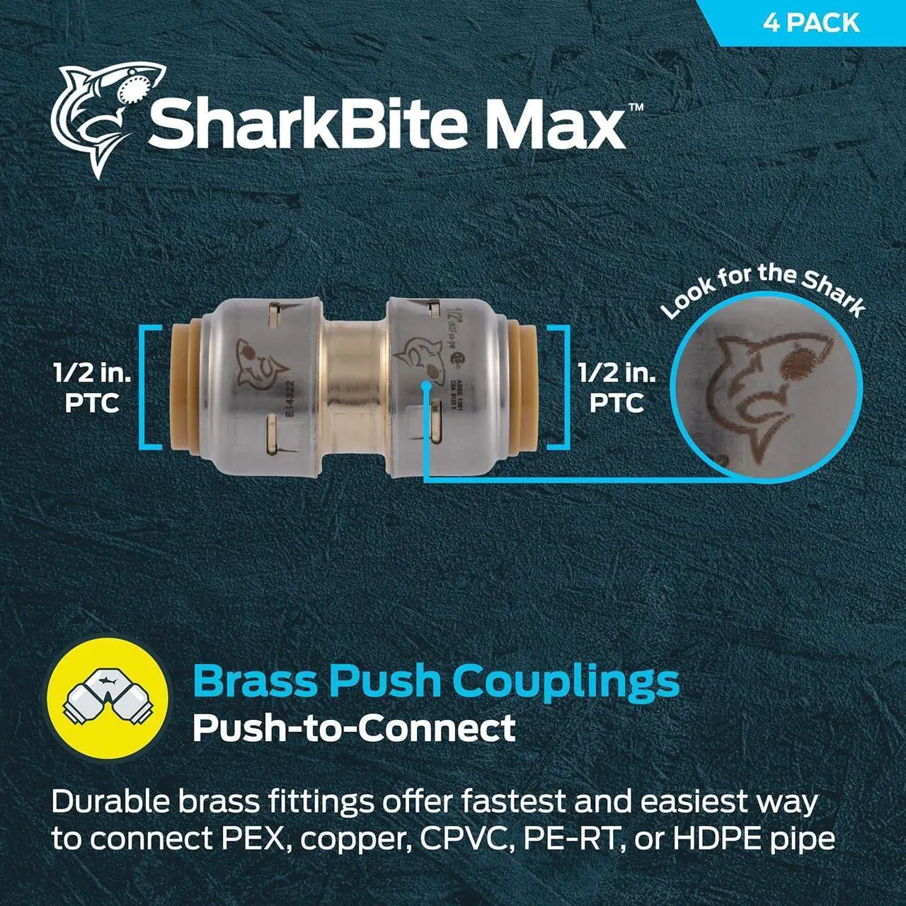 Alt view image 2 of 7 - Max 1/2 Inch Coupling, Pack of 12, Push to Connect Brass Plumbing Fitting, PEX Pipe, Copper, CPVC, PE-RT, HDPE, UR008