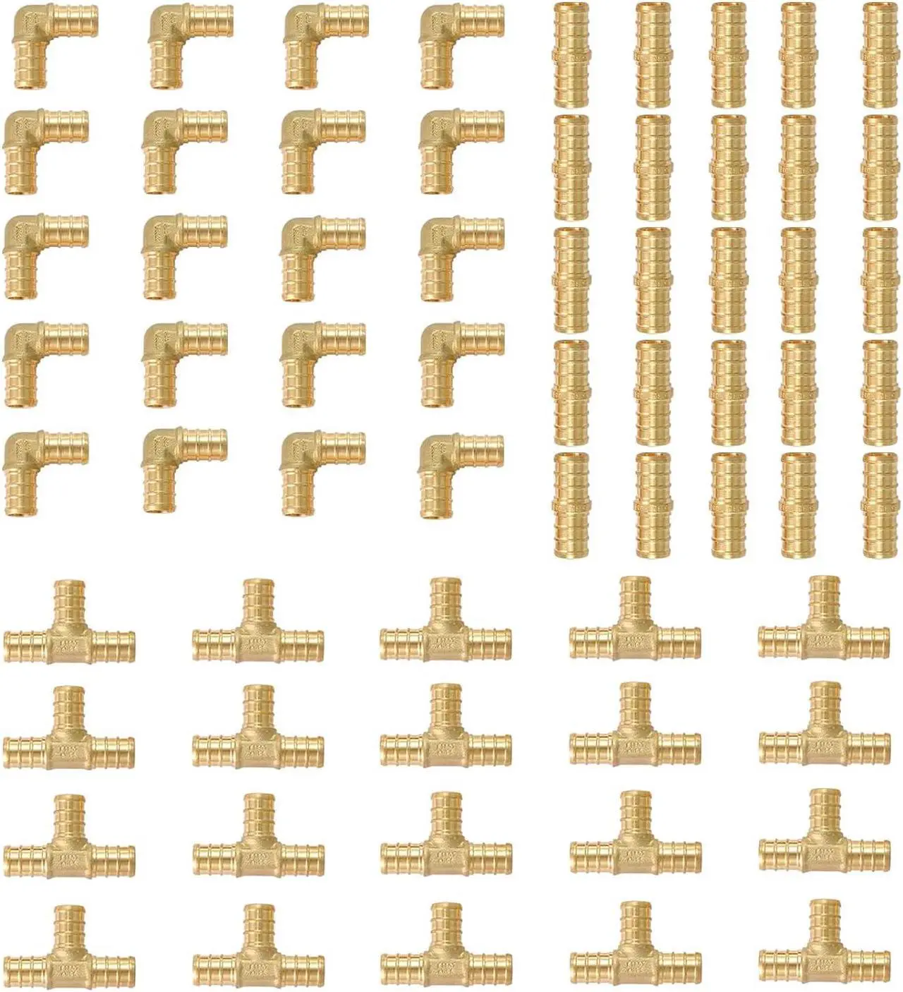 Main image of (Pack of 45) EFIELD 3/4" Barb Pex Brass Crimp Fittings 15 Pieces each: Tee, Elbow and Coupling For Pex Tubing Connection, ASTM F1807