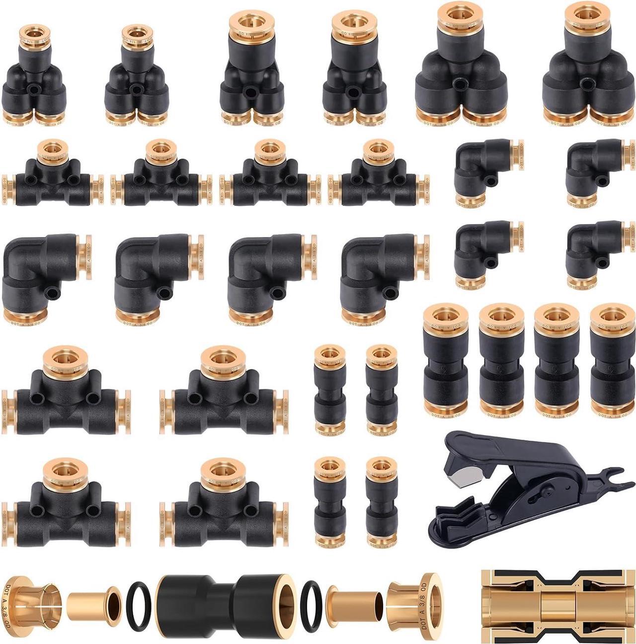 Main image of 35 PCS Brass DOT Air Line Fittings Kit 1/4 3/8 1/2 DOT Quick Connect Air Fittings Straight & Tee Union Push to Connect Air Hose Fittings for Semi Truck Trailers Air Brake System