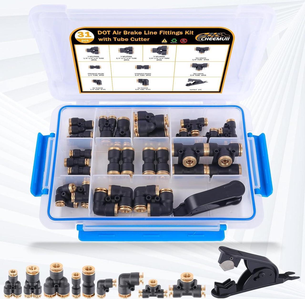 Alt view image 2 of 7 - 35 PCS Brass DOT Air Line Fittings Kit 1/4 3/8 1/2 DOT Quick Connect Air Fittings Straight & Tee Union Push to Connect Air Hose Fittings for Semi Truck Trailers Air Brake System