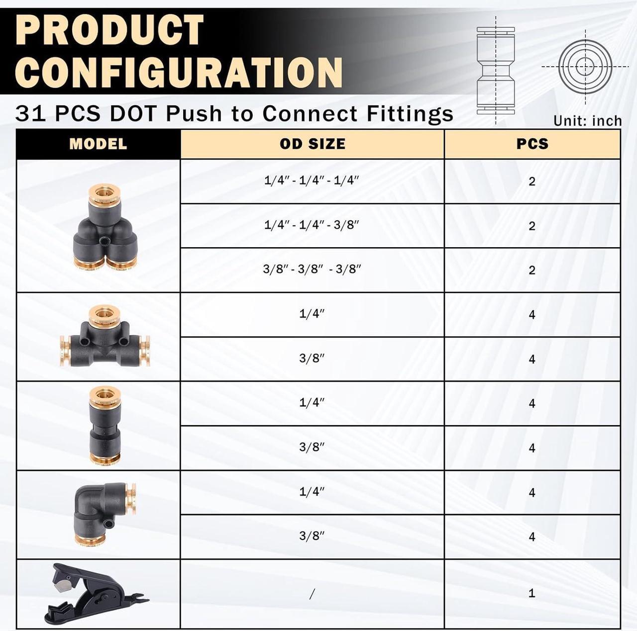 Alt view image 3 of 7 - 35 PCS Brass DOT Air Line Fittings Kit 1/4 3/8 1/2 DOT Quick Connect Air Fittings Straight & Tee Union Push to Connect Air Hose Fittings for Semi Truck Trailers Air Brake System