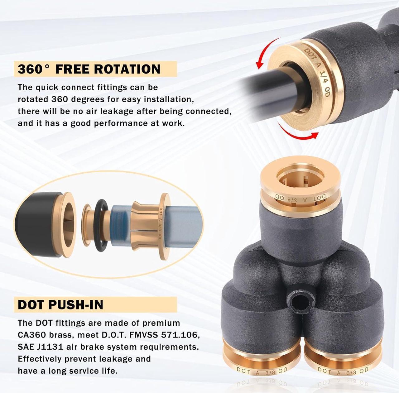 Alt view image 4 of 7 - 35 PCS Brass DOT Air Line Fittings Kit 1/4 3/8 1/2 DOT Quick Connect Air Fittings Straight & Tee Union Push to Connect Air Hose Fittings for Semi Truck Trailers Air Brake System