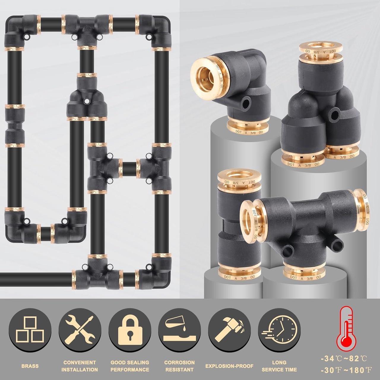 Alt view image 5 of 7 - 35 PCS Brass DOT Air Line Fittings Kit 1/4 3/8 1/2 DOT Quick Connect Air Fittings Straight & Tee Union Push to Connect Air Hose Fittings for Semi Truck Trailers Air Brake System