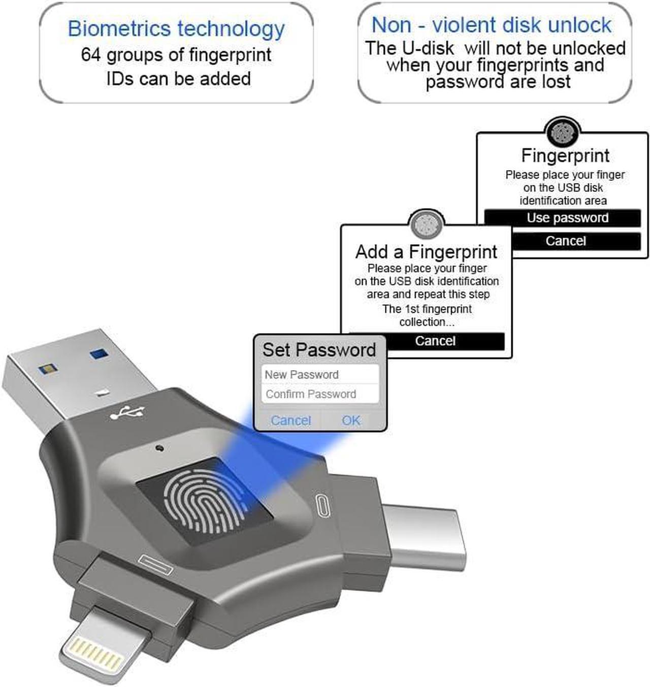 Alt view image 4 of 7 - Fingerprint 256GB USB 3.0 Flash Drive for iPhone - High-Speed Secure Thumb Drive with Fingerprint Encryption, Portable Metal Case