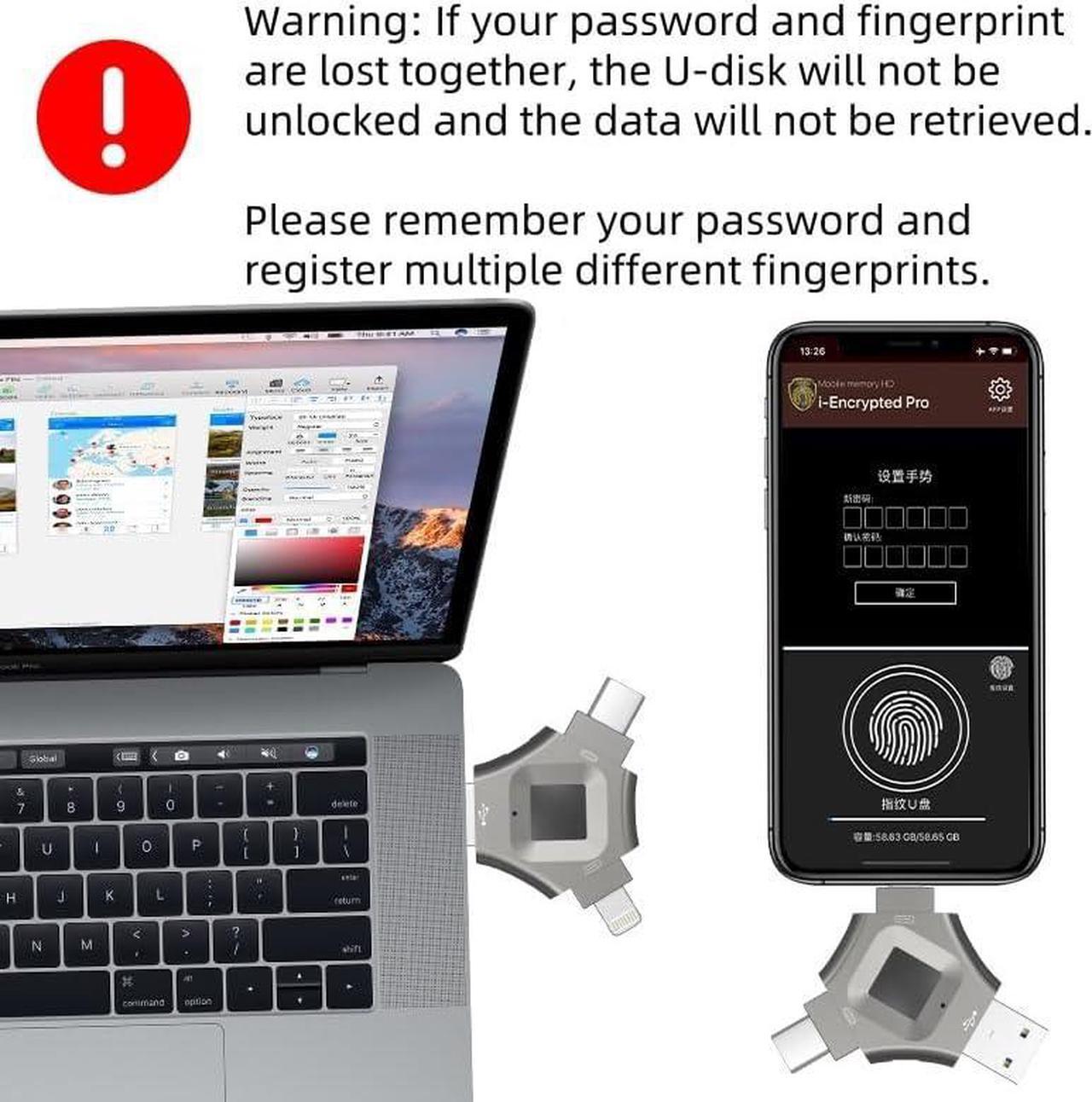 Alt view image 5 of 7 - Fingerprint 256GB USB 3.0 Flash Drive for iPhone - High-Speed Secure Thumb Drive with Fingerprint Encryption, Portable Metal Case