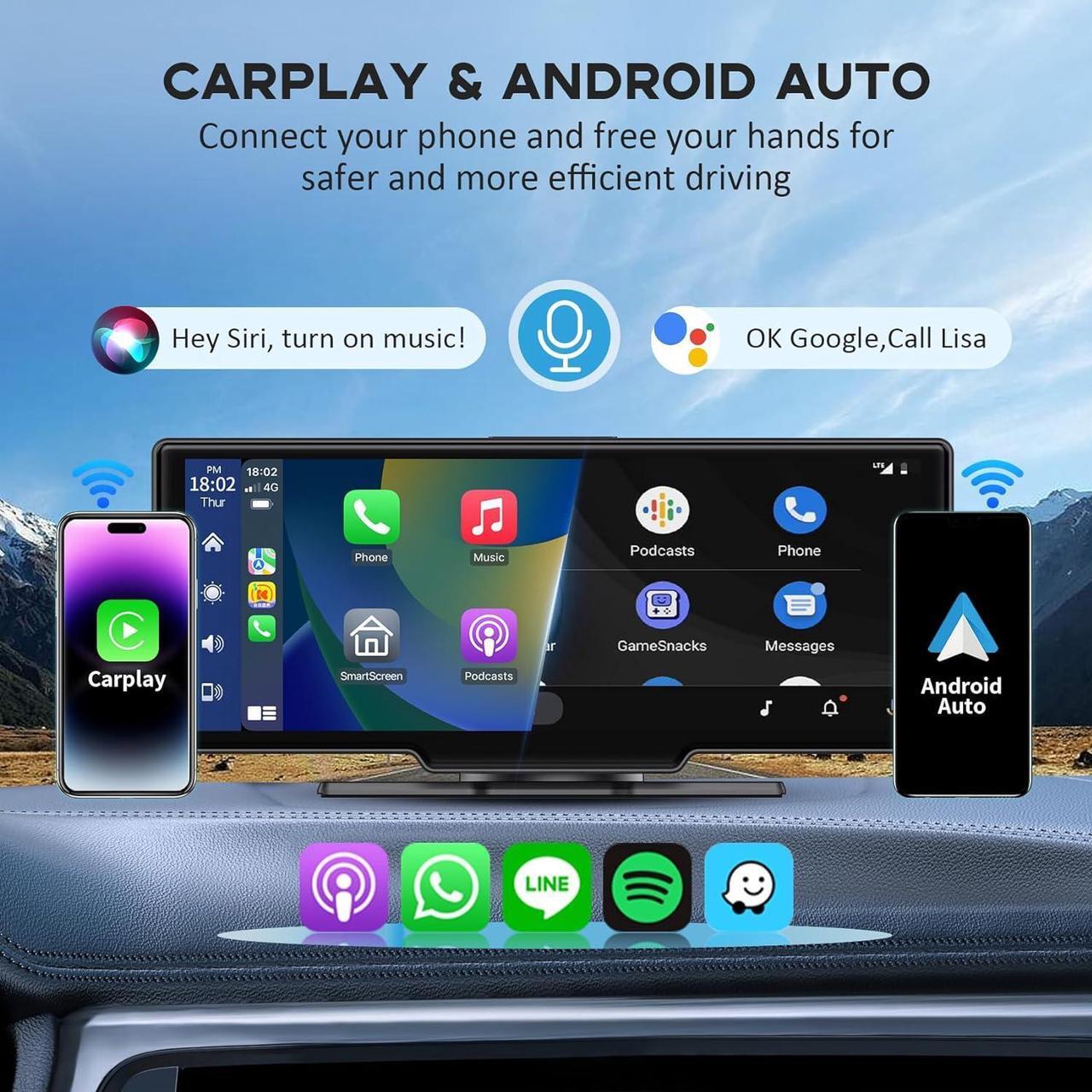 Alt view image 2 of 7 - Portable Carplay Screen for Car, 10.26" HD Car Tablet, Wireless Audio Receivers, IPS Carplay & Android Auto Touch Screen with 4K Dash Cam, GPS Navigation, Siri, AUX/FM, Mirror Link, Backup Camera