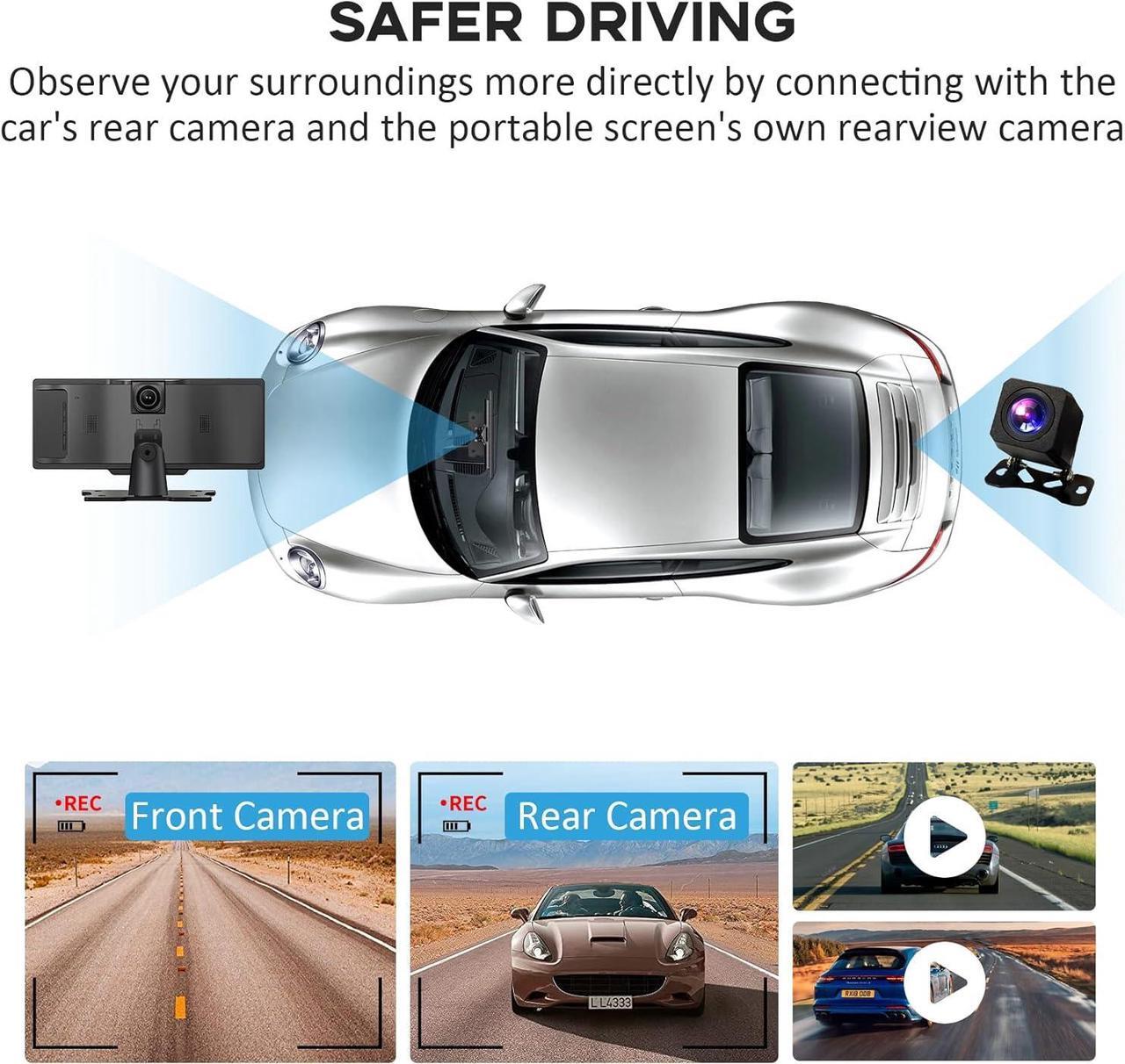 Alt view image 3 of 7 - Portable Carplay Screen for Car, 10.26" HD Car Tablet, Wireless Audio Receivers, IPS Carplay & Android Auto Touch Screen with 4K Dash Cam, GPS Navigation, Siri, AUX/FM, Mirror Link, Backup Camera
