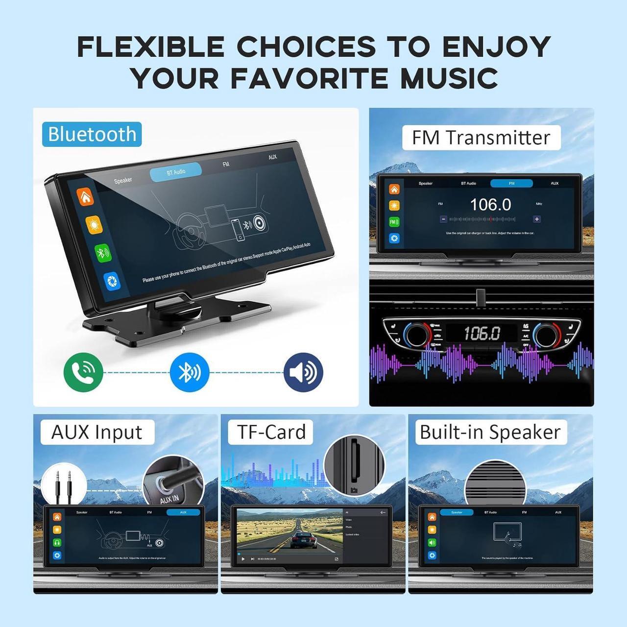 Alt view image 6 of 7 - Portable Carplay Screen for Car, 10.26" HD Car Tablet, Wireless Audio Receivers, IPS Carplay & Android Auto Touch Screen with 4K Dash Cam, GPS Navigation, Siri, AUX/FM, Mirror Link, Backup Camera