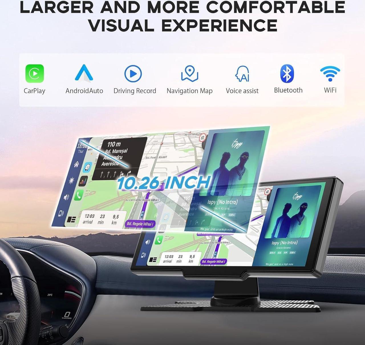 Alt view image 4 of 7 - Portable Carplay Screen for Car, 10.26" HD Car Tablet, Wireless Audio Receivers, IPS Carplay & Android Auto Touch Screen with 4K Dash Cam, GPS Navigation, Siri, AUX/FM, Mirror Link, Backup Camera