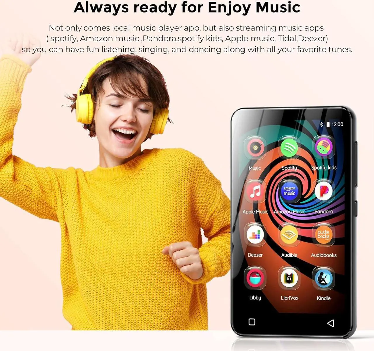 Alt view image 2 of 7 - 160GB MP3 Player with Bluetooth and WiFi, innioasis Music Player with Spotify,Pandora, Music,4" Touch Screen Android MP4 MP3 Player for Kids with Libby,Audible,Spotify Kids(Black)