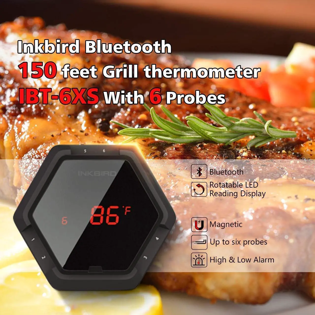 Alt view image 2 of 6 - Bluetooth BBQ Thermometer Wireless IBT-6XS, 6 Probes Digital Smoker Grill Thermometer for Cooking,150ft Bluetooth Meat Thermometer, Magnet, Timer, Alarm for Kitchen, Food (Black)