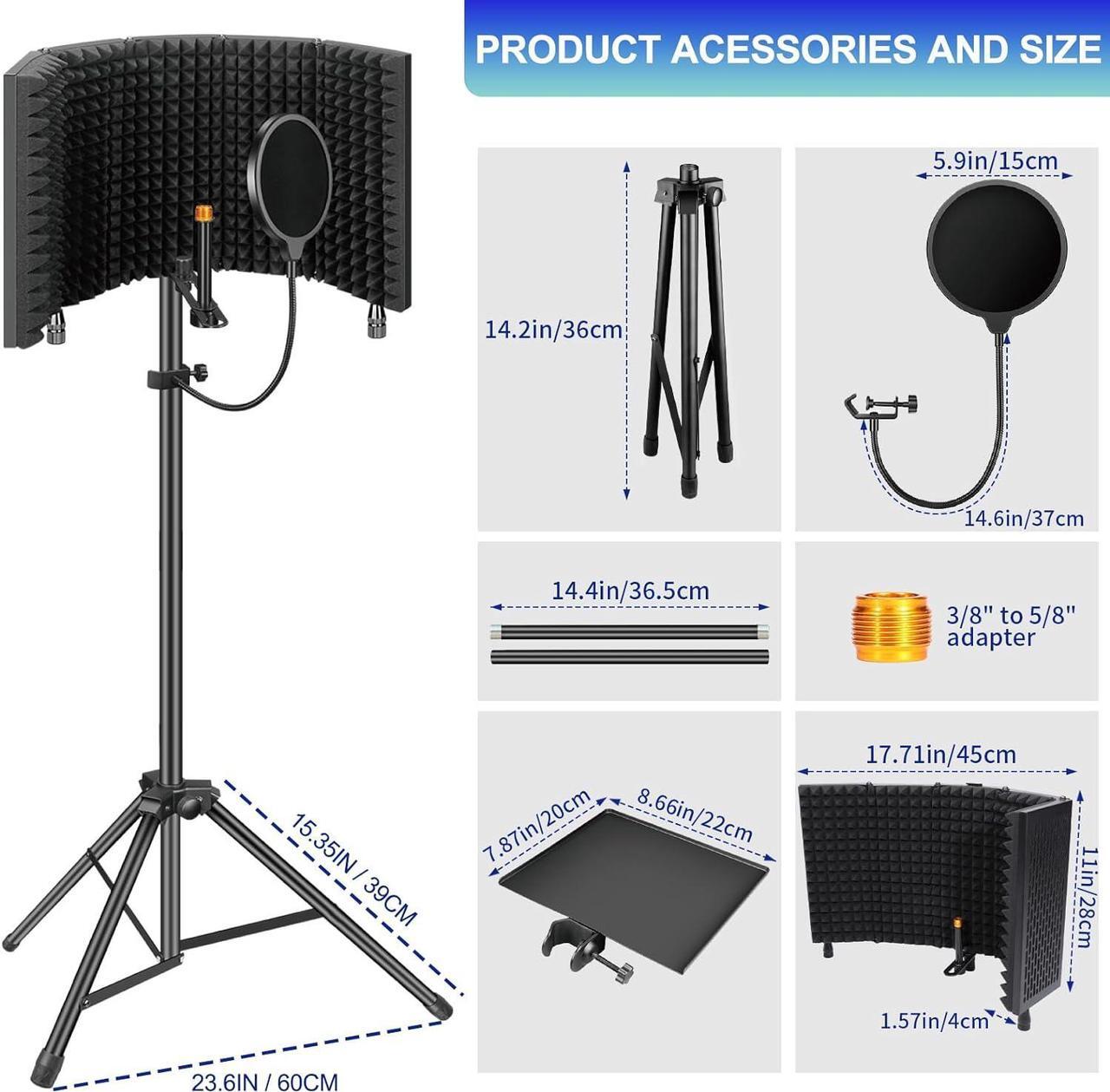 Alt view image 3 of 7 - Microphone Isolation Shield with Pop Filter & Tripod Stand, Foldable Mic Shield with Triple Sound Insulation, High Density Mic Sound Shield for Recording Studio, Podcasts, Singing, Broadcasting