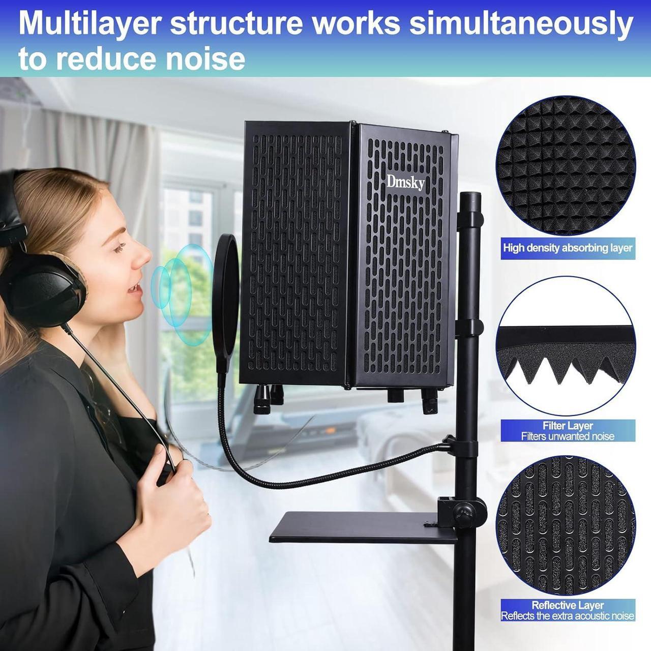 Alt view image 4 of 7 - Microphone Isolation Shield with Pop Filter & Tripod Stand, Foldable Mic Shield with Triple Sound Insulation, High Density Mic Sound Shield for Recording Studio, Podcasts, Singing, Broadcasting