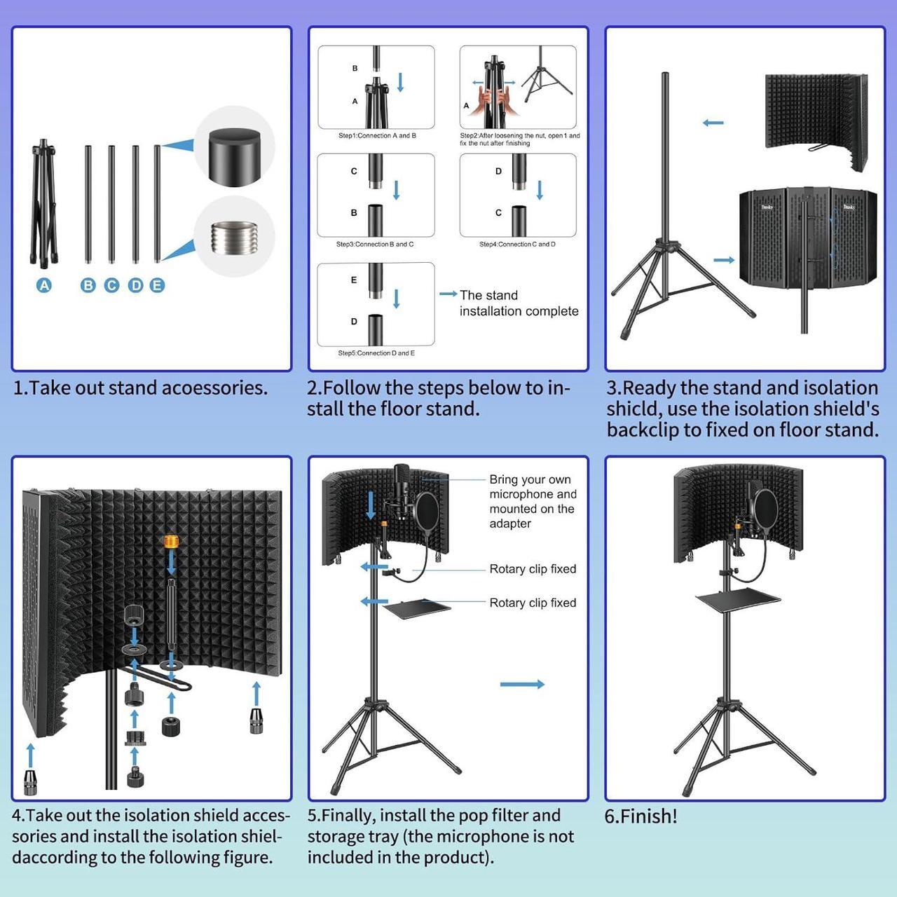 Alt view image 6 of 7 - Microphone Isolation Shield with Pop Filter & Tripod Stand, Foldable Mic Shield with Triple Sound Insulation, High Density Mic Sound Shield for Recording Studio, Podcasts, Singing, Broadcasting