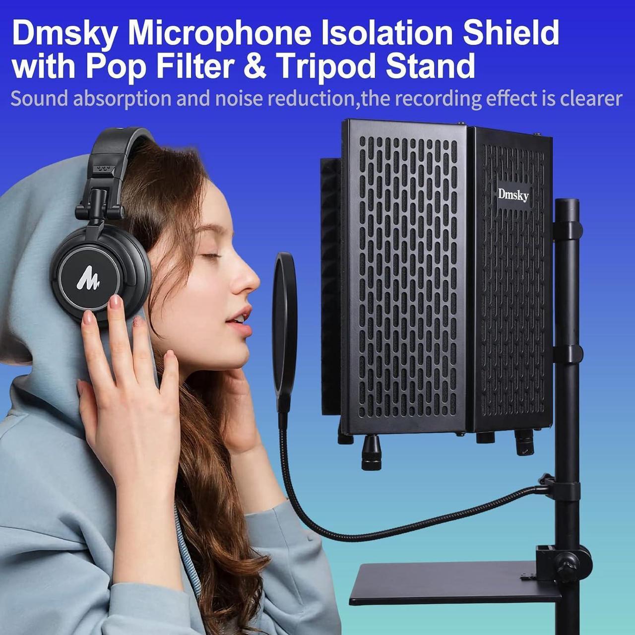 Alt view image 7 of 7 - Microphone Isolation Shield with Pop Filter & Tripod Stand, Foldable Mic Shield with Triple Sound Insulation, High Density Mic Sound Shield for Recording Studio, Podcasts, Singing, Broadcasting
