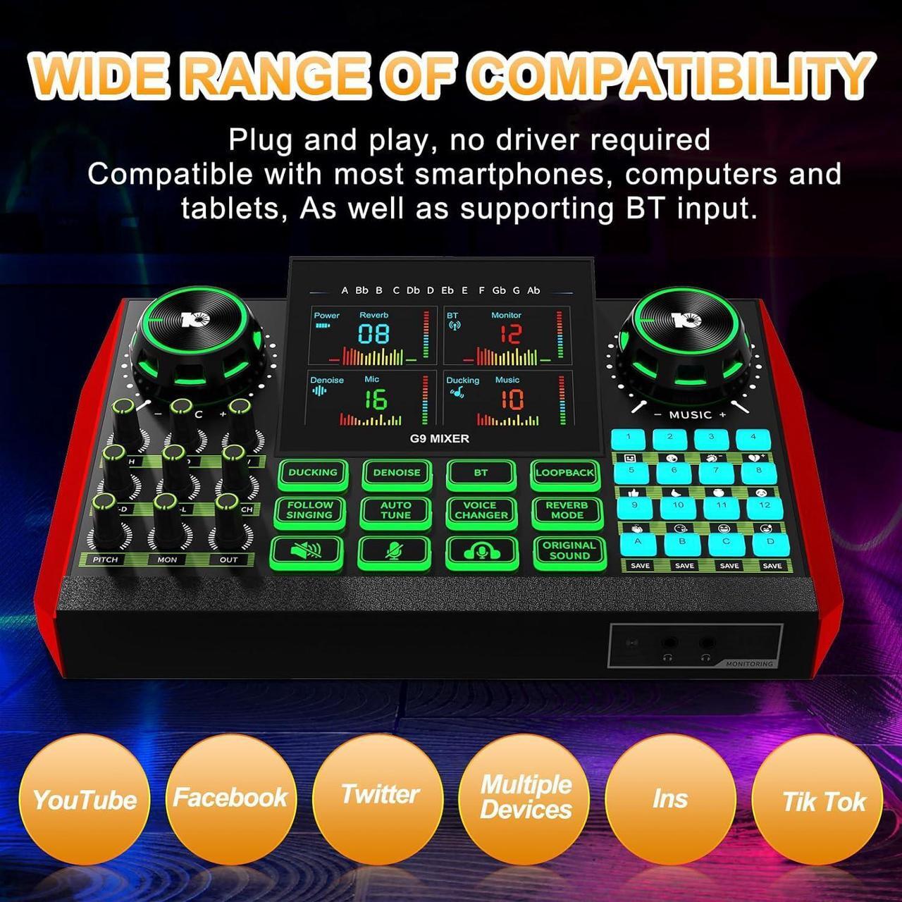 Alt view image 5 of 7 - G9 Gaming Audio MixerPodcast Equipment Live Sound Card for StreamingAudio Interface DJ Mixer Sound Card/Board Condenser Microphone for Tiktok Gaming Video Content Creator Kit.