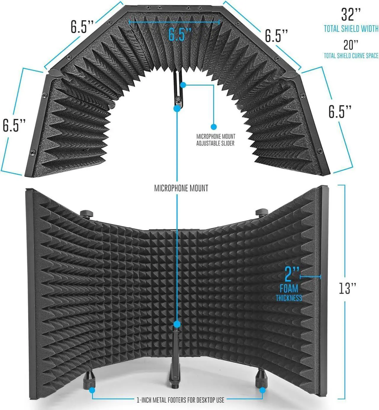 Alt view image 2 of 7 - Large 32 x 13 Recording Studio Microphone Isolation Shield w/Stand | Mic Isolation Foam Booth with Tall Stand | Reflection Filter Shield