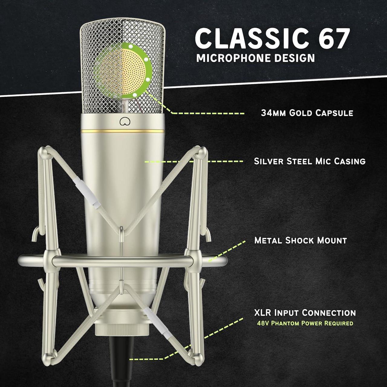 Alt view image 2 of 7 - MA-67 Studio Condenser Microphone, 34mm Gold Large Diaphragm Capsule, Including Hydro Pop Filter, Metal Shock Mount, XLR Cable and Mic Bag - for Music Production, Vocal Recording and Podcasting