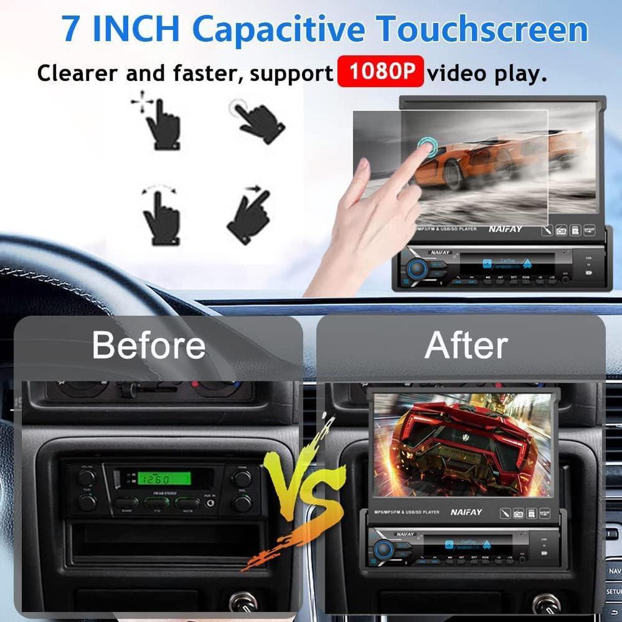 Alt view image 5 of 6 - Single Din Touchscreen Car Stereo with Carplay & Android Auto, 7inch Flip Out Screen Car Stereo with Bluetooth Car Audio Receivers, Backup Camera, FM Radio/Mirror Link/USB/AUX/TF/Subwoofer