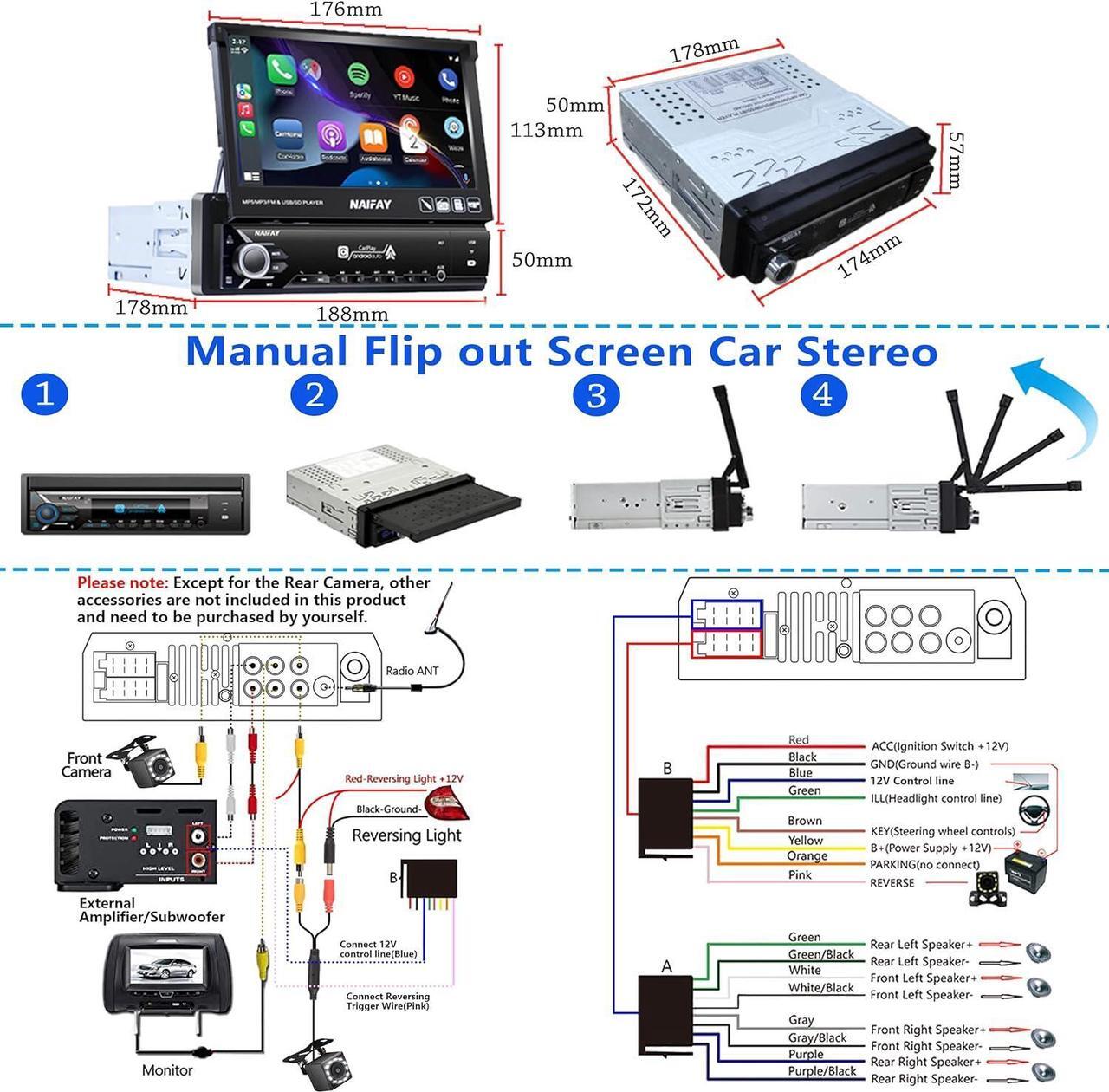 Alt view image 6 of 6 - Single Din Touchscreen Car Stereo with Carplay & Android Auto, 7inch Flip Out Screen Car Stereo with Bluetooth Car Audio Receivers, Backup Camera, FM Radio/Mirror Link/USB/AUX/TF/Subwoofer